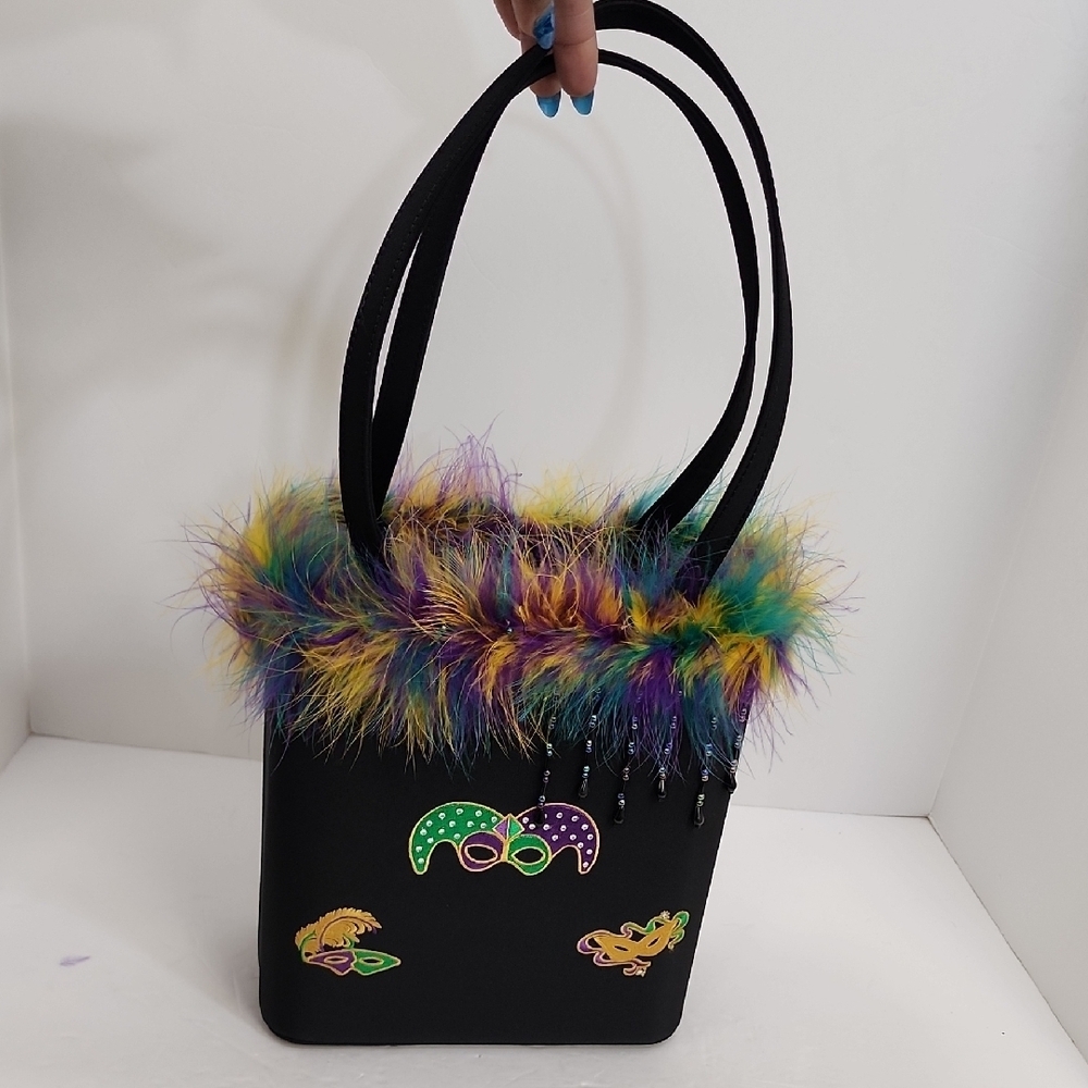 Sandol Mardi Gras Feather Beaded Tote Bag Carnival Festival OS